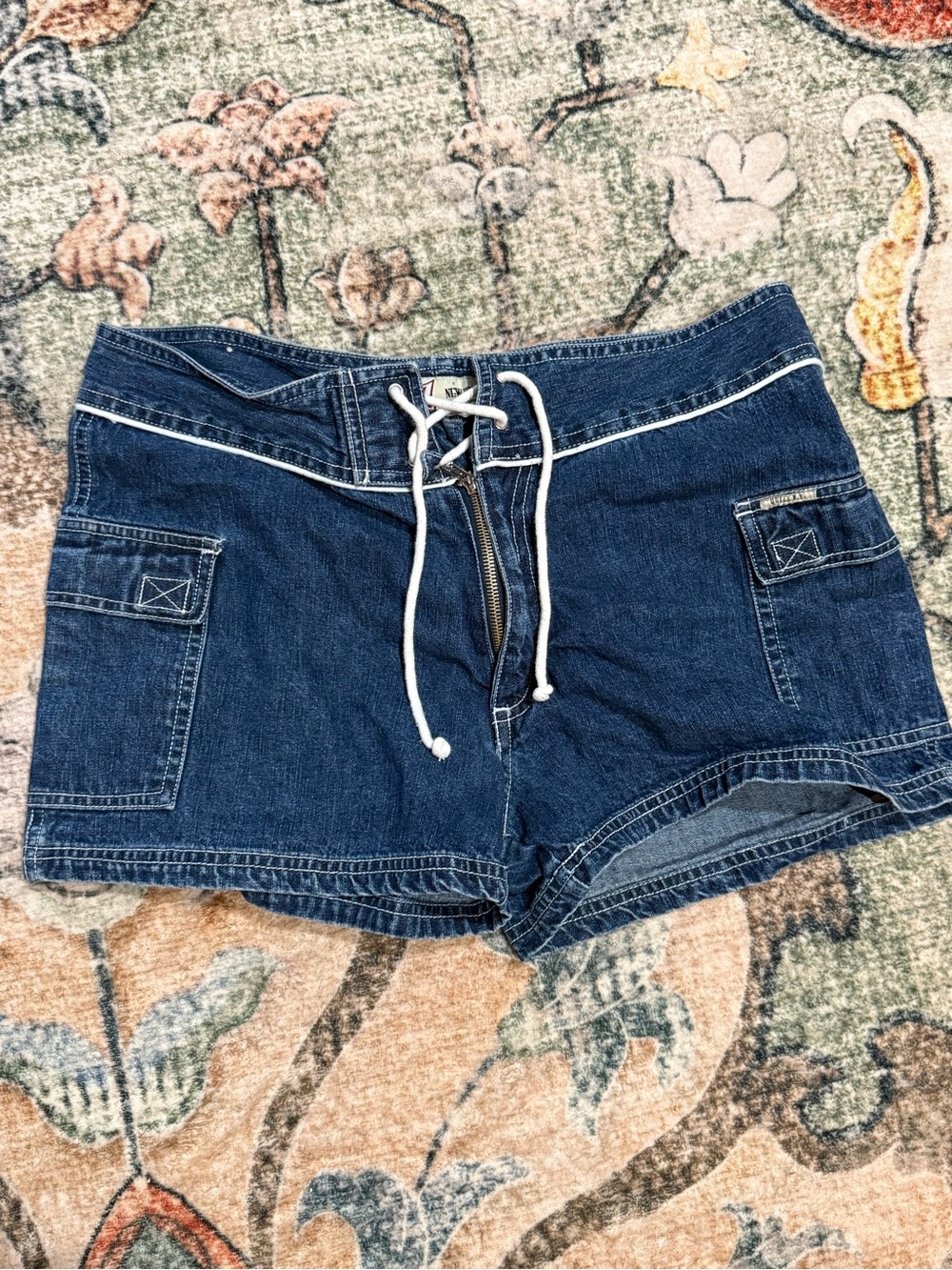 Lace-Up Dark Blue Denim Cargo Shorts